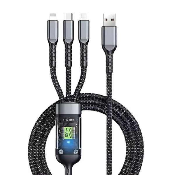 100W 3 in 1 charging cable for Type c, Micro USB, Lightning Fast Charging Cable Ideal for SmartPhone, Tablet, Laptop or Any Compatible Devices- Black