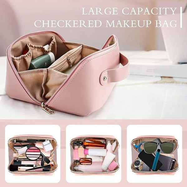 Multifunctional Travel Makeup Bag | Large Capacity Portable Leather Makeup Bag with Convinient & Durable Handle | Cosmetics Storage Bag with Waterproof PU Leather Fabric -1pc