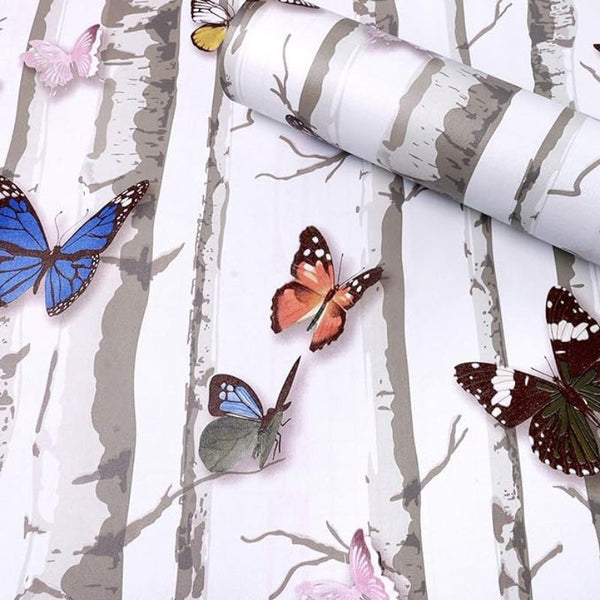 Wall Stickers DIY Wallpaper (45 x 500 cm) 3D Stark Trees and Butterflies Decals Self Adhesive Waterproof Kids Room Wardrobe, Wall Decor Nature, White (45CM X 500CM)
