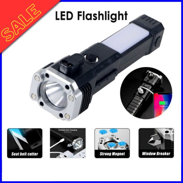 Multifunction Magnet Rechargeable Torch Flashlight - Long Distance Beam Range Car Rescue Torch with Hammer Window Glass and Seat Belt Cutter - Built-in Mobile USB Charger Power Bank